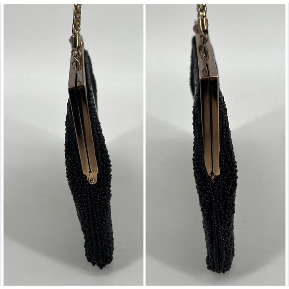 Vintage Beaded Handbag Purse Small Black Pink Floral Kiss Lock Chain Strap - Picture 9 of 11
